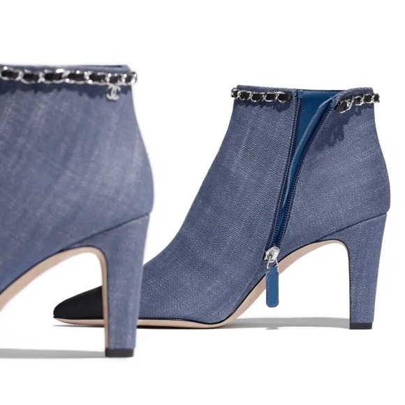 Chanel 20C Blue Denim Fabric Black Chain CC Logo Short Ankle Heel Boot Bootie 38 - Picture 8 of 12